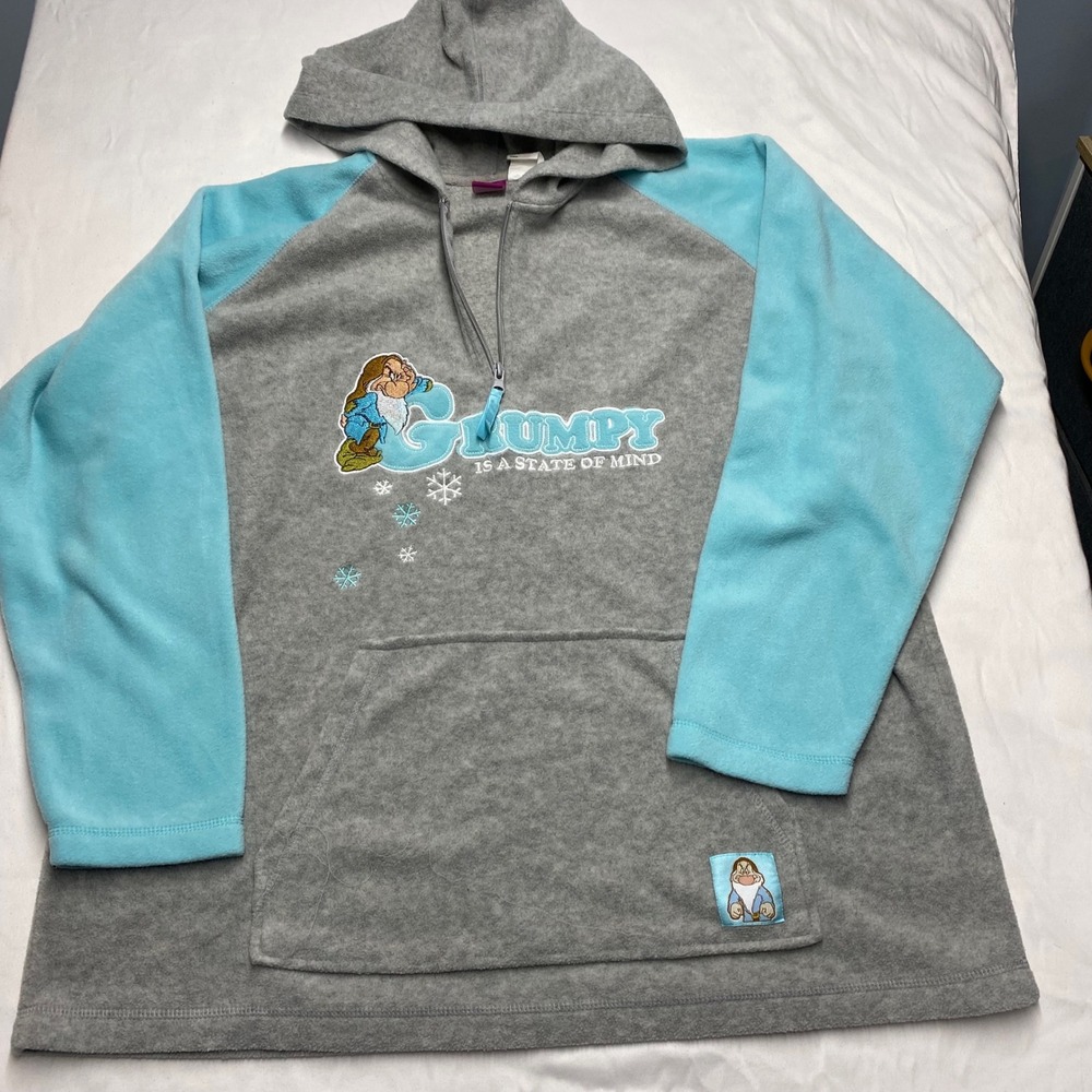 Disney Grumpy Dwarf Fleece Hoodie Grey Blue 1/4 Zip Pullover Womens 2X